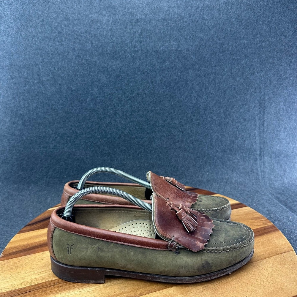 Frye Mens Tassel Kiltie Loafers Olive Green Brown Leather 9.5 M USA Made 44033